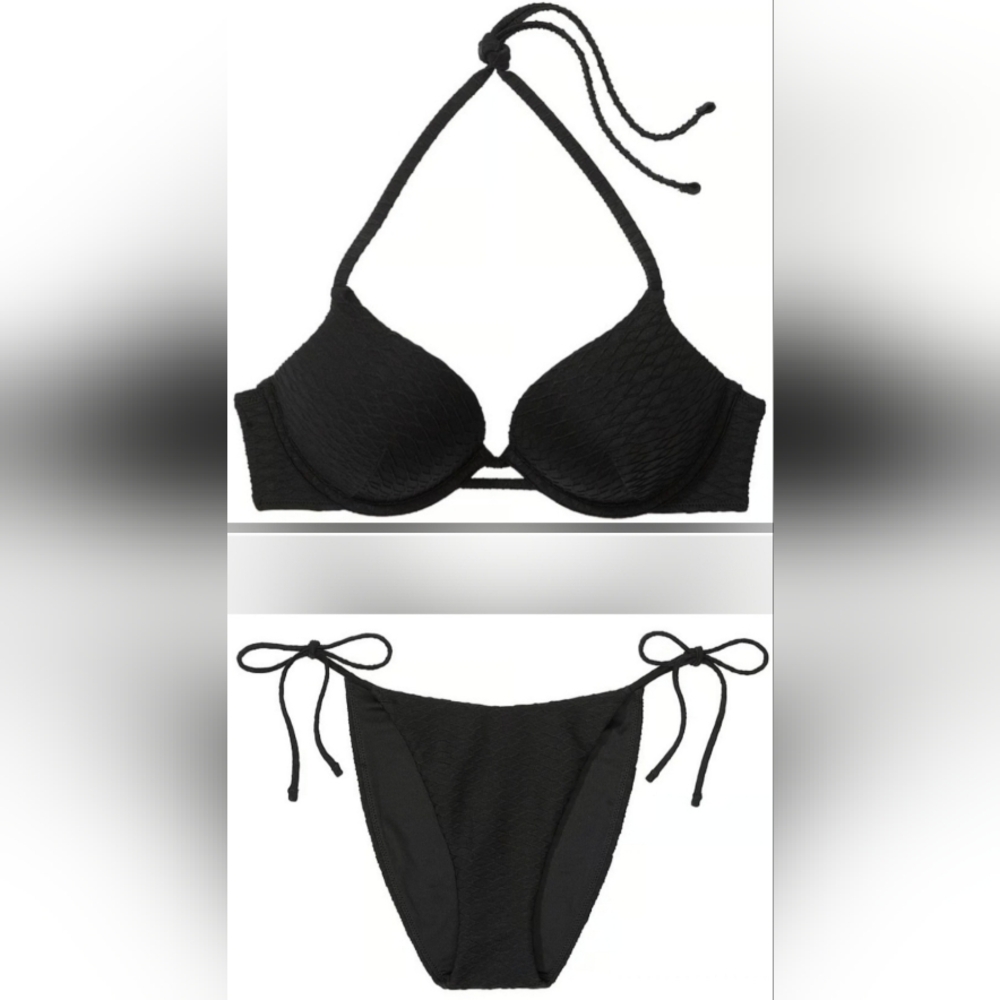 34DD/M VS Swim Bombshell PushUp Bikini Top Side Tie Cheeky Bikini Set Black